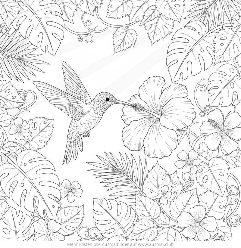 Kolibri an Hibiskusblüte Ausmalbild