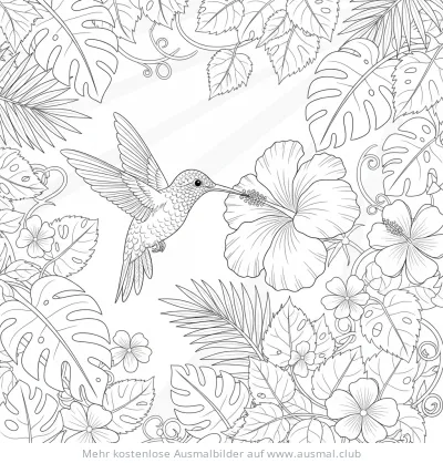 Kolibri an Hibiskusblüte Ausmalbild