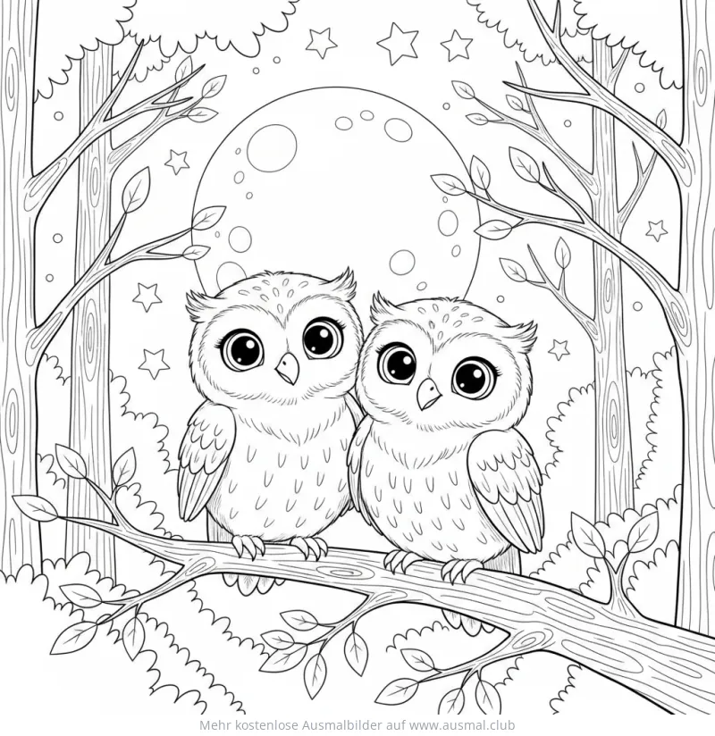 Zwei süße Eulen sitzen auf einem Ast vor Mond und Sternen Ausmalbild