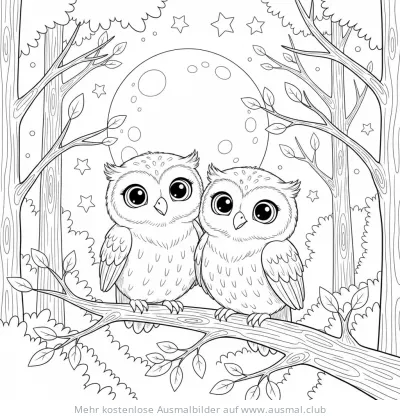 Zwei süße Eulen sitzen auf einem Ast vor Mond und Sternen Ausmalbild
