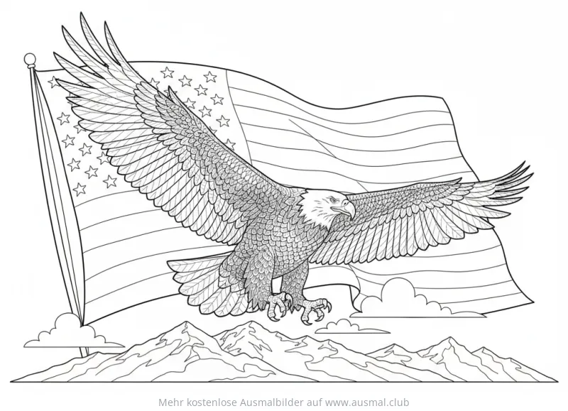 Adler vor amerikanischer Flagge und Berglandschaft Ausmalbild