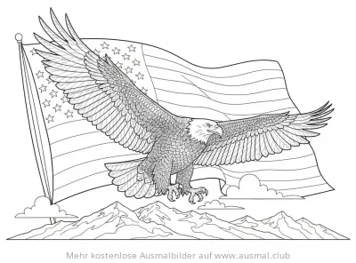 Adler vor amerikanischer Flagge und Berglandschaft Ausmalbild