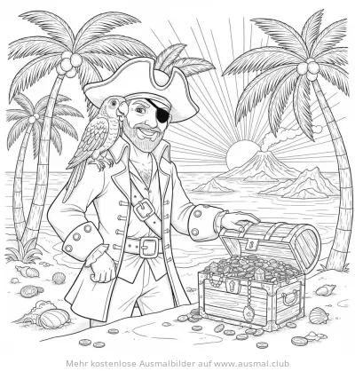 Pirat mit Papagei und Schatzkiste Ausmalbild