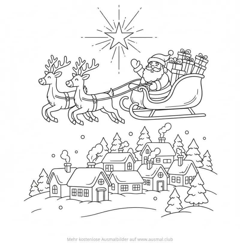 Weihnachtsmann mit Rentierschlitten über verschneitem Dorf Ausmalbild