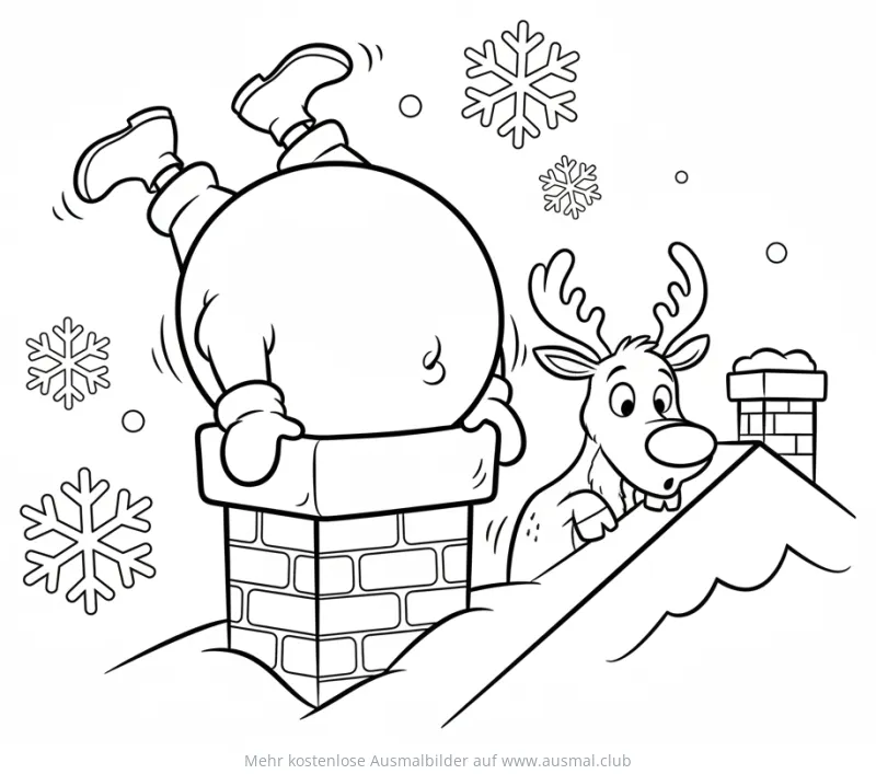Weihnachtsmann steckt kopfüber im Schornstein, Rentier schaut zu Ausmalbild