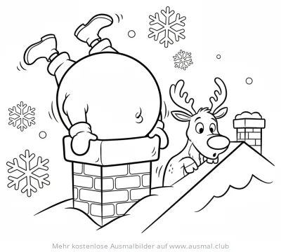 Weihnachtsmann steckt kopfüber im Schornstein, Rentier schaut zu Ausmalbild