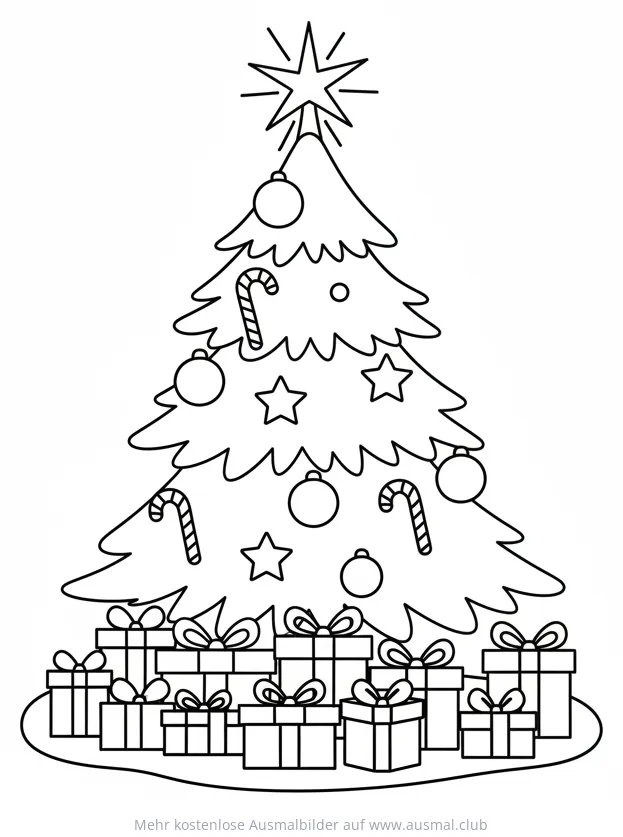Weihnachtsbaum mit Schmuck und Geschenken Ausmalbild