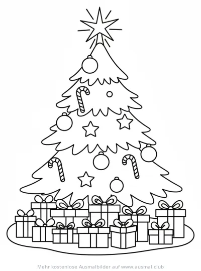 Weihnachtsbaum mit Schmuck und Geschenken Ausmalbild