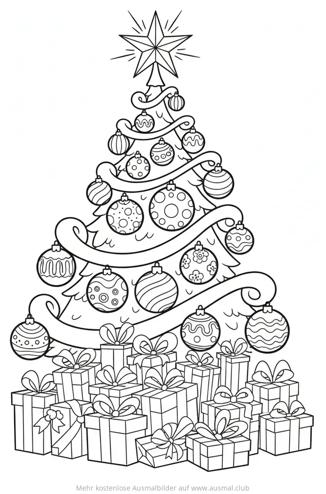 Weihnachtsbaum mit Stern, Kugeln und Geschenken Ausmalbild