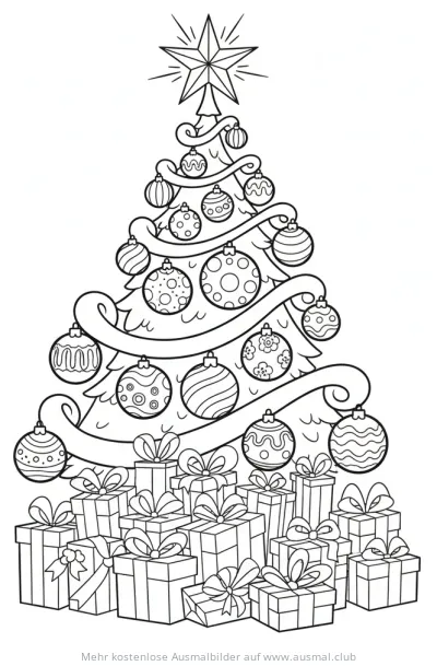Weihnachtsbaum mit Stern, Kugeln und Geschenken Ausmalbild