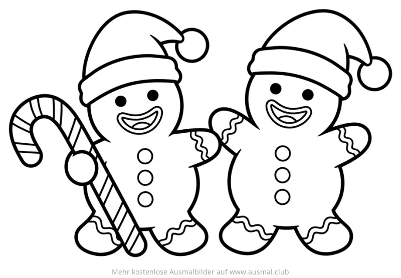 Zwei Lebkuchenmänner mit Weihnachtsmütze, einer hält eine Zuckerstange, Ausmalbild