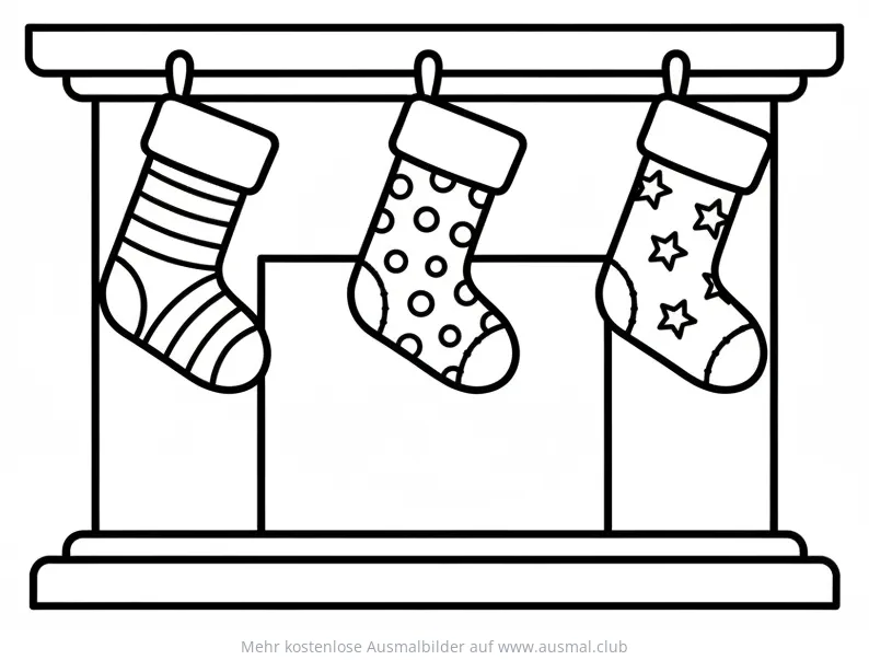 Drei Weihnachtssocken am Kamin Ausmalbild