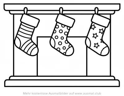 Drei Weihnachtssocken am Kamin Ausmalbild