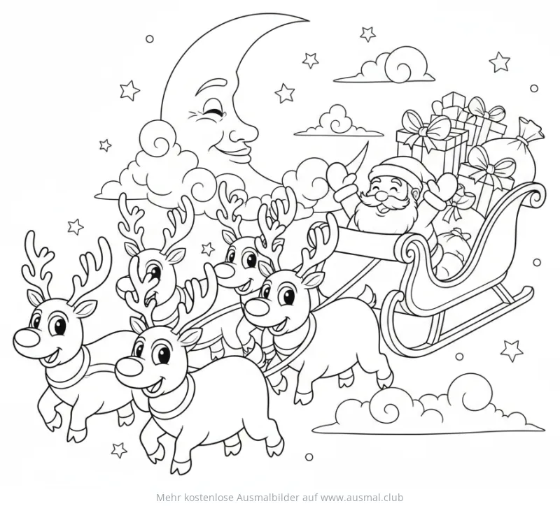 Weihnachtsmann im Rentierschlitten vor Mond Ausmalbild