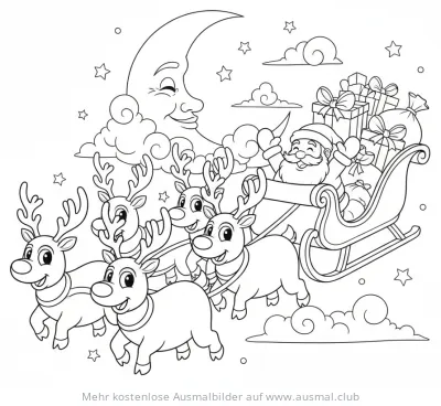 Weihnachtsmann im Rentierschlitten vor Mond Ausmalbild