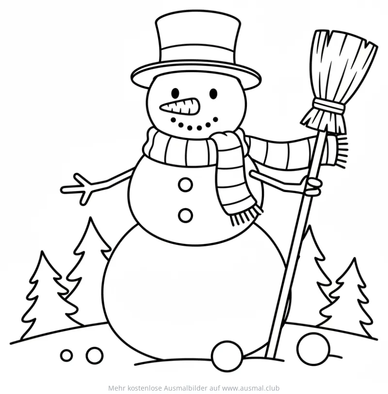 Schneemann mit Zylinder und Besen Ausmalbild