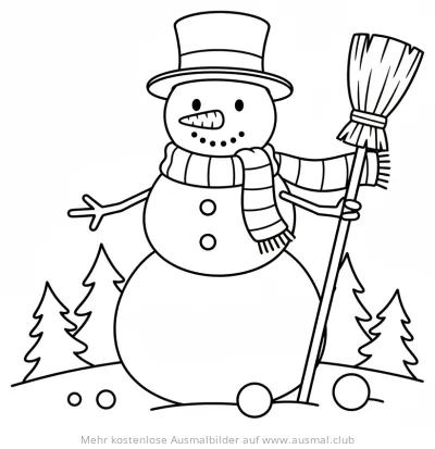 Schneemann mit Zylinder und Besen Ausmalbild