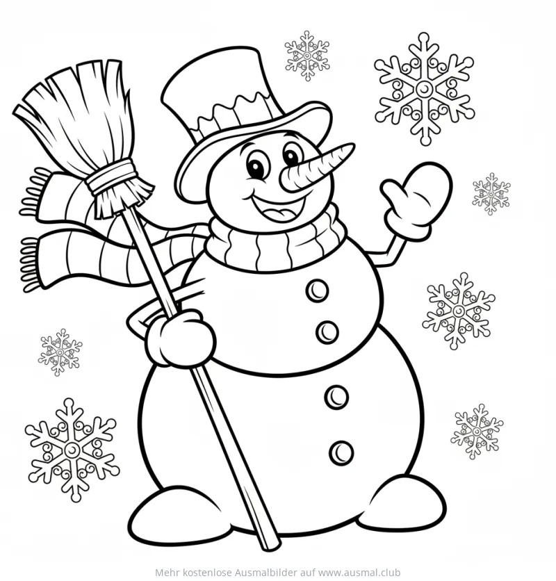 Schneemann mit Zylinder und Besen Ausmalbild