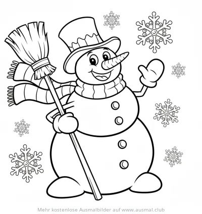 Schneemann mit Zylinder und Besen Ausmalbild
