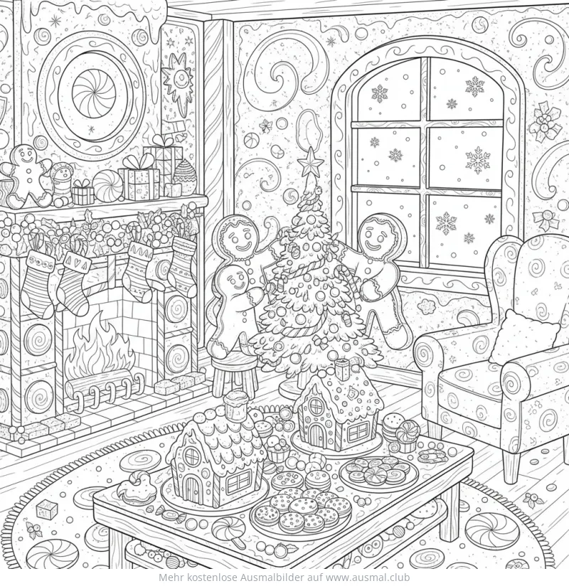 Lebkuchenhaus Ausmalbild mit Weihnachtsbaum und Kamin
