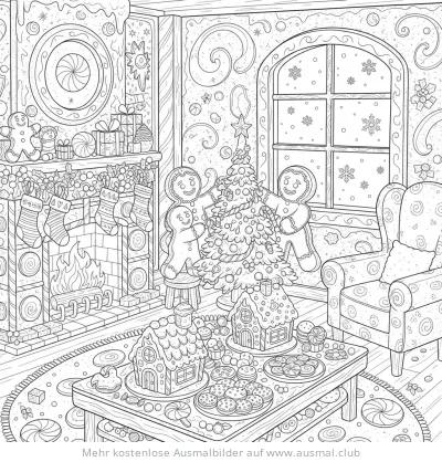 Lebkuchenhaus Ausmalbild mit Weihnachtsbaum und Kamin