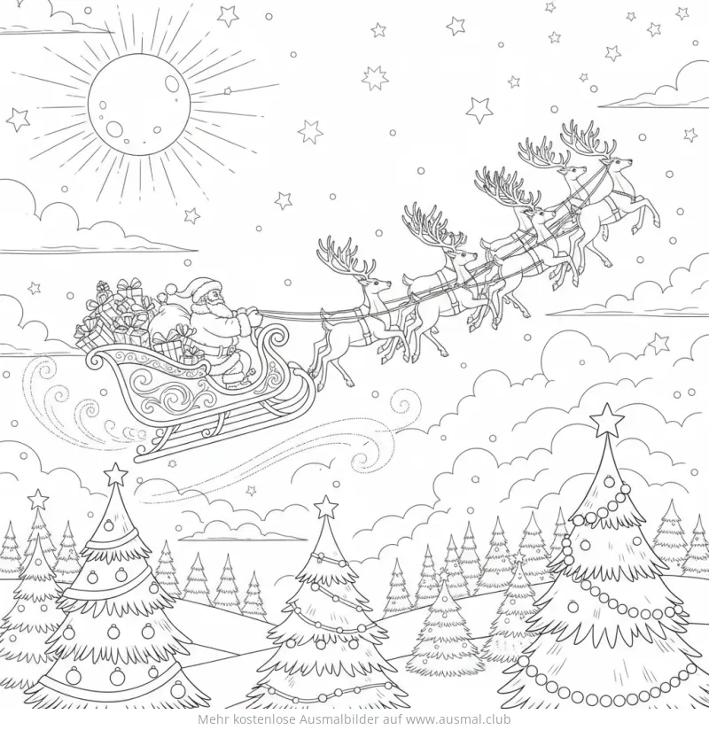 Weihnachtsmann im Schlitten mit Rentieren über Tannenbäumen Ausmalbild