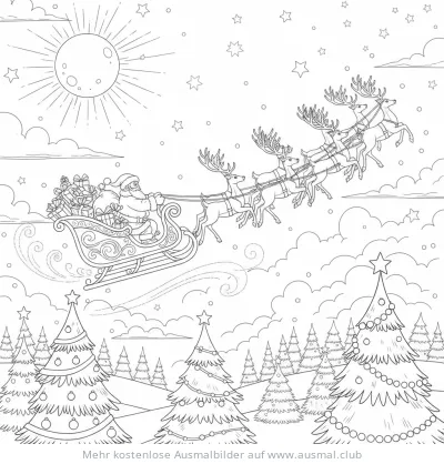 Weihnachtsmann im Schlitten mit Rentieren über Tannenbäumen Ausmalbild