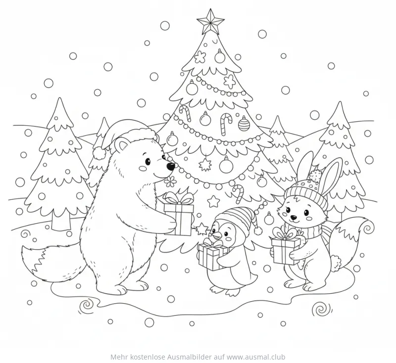 Bär, Pinguin und Hase mit Geschenken vor Weihnachtsbaum Ausmalbild