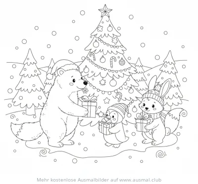 Bär, Pinguin und Hase mit Geschenken vor Weihnachtsbaum Ausmalbild