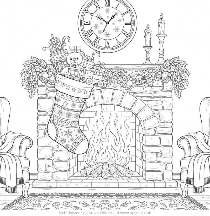 Weihnachtsstrumpf am Kamin Ausmalbild