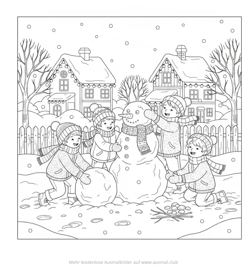 Kinder bauen Schneemann Ausmalbild