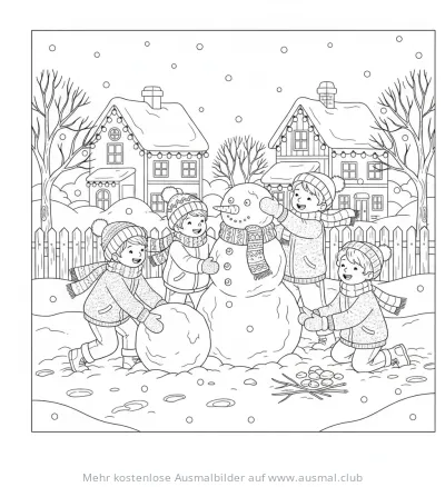 Kinder bauen Schneemann Ausmalbild