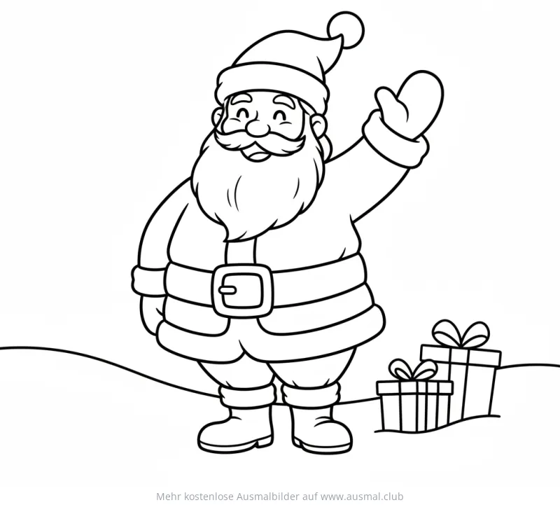 Freundlicher Weihnachtsmann winkt, mit Geschenken im Schnee Ausmalbild