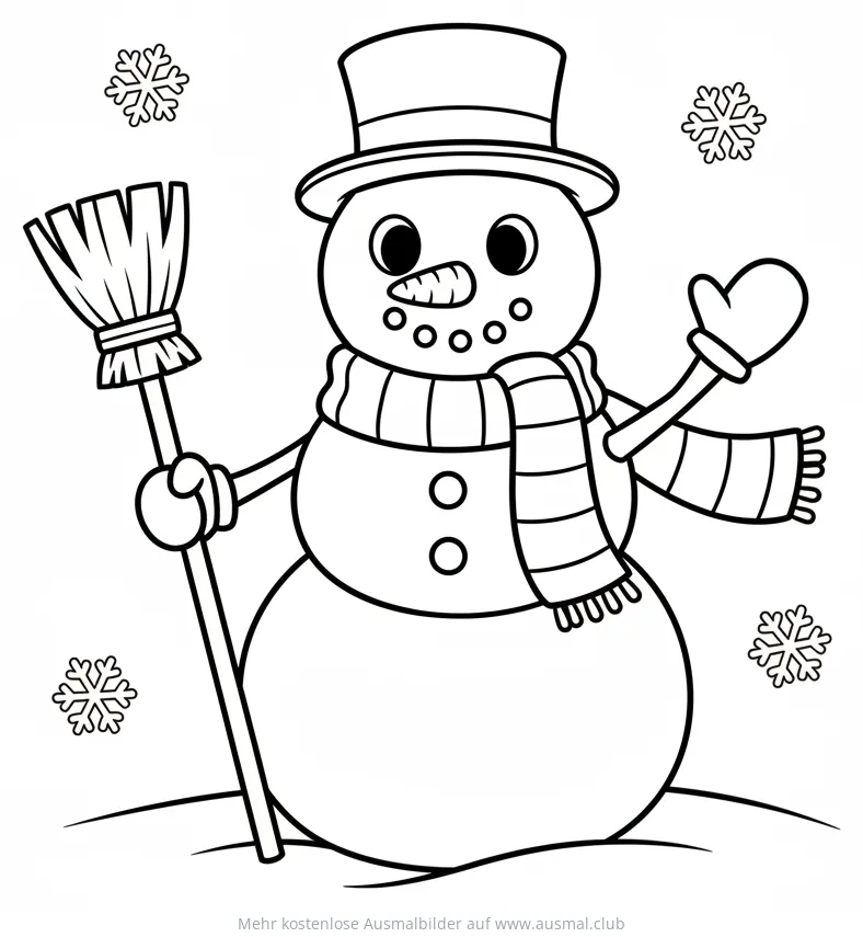 Freundlicher Schneemann mit Zylinder, Schal und Besen Ausmalbild