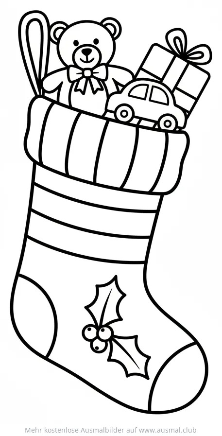 Weihnachtsstrumpf gefüllt mit Teddy, Auto und Geschenk Ausmalbild
