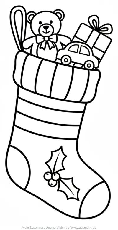 Weihnachtsstrumpf gefüllt mit Teddy, Auto und Geschenk Ausmalbild