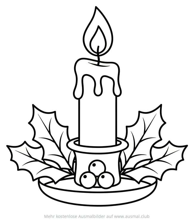 Weihnachten Kerze mit Stechpalme Ausmalbild