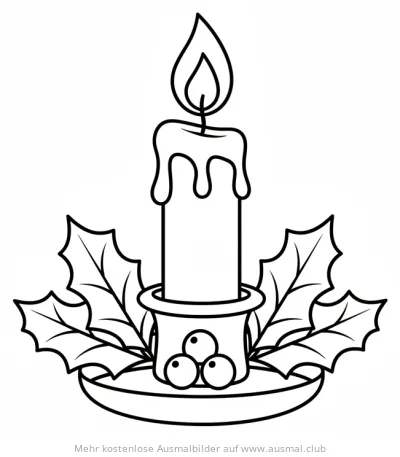 Weihnachten Kerze mit Stechpalme Ausmalbild