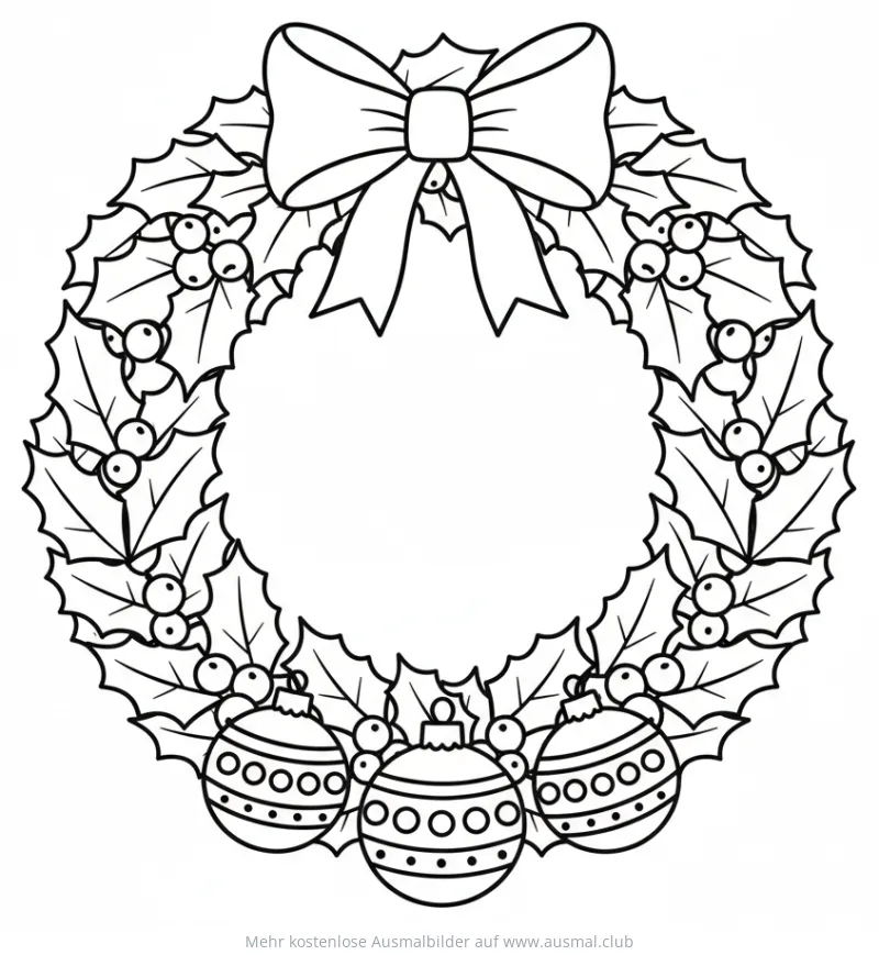 Weihnachtskranz Ausmalbild mit Stechpalme, Schleife und Christbaumkugeln
