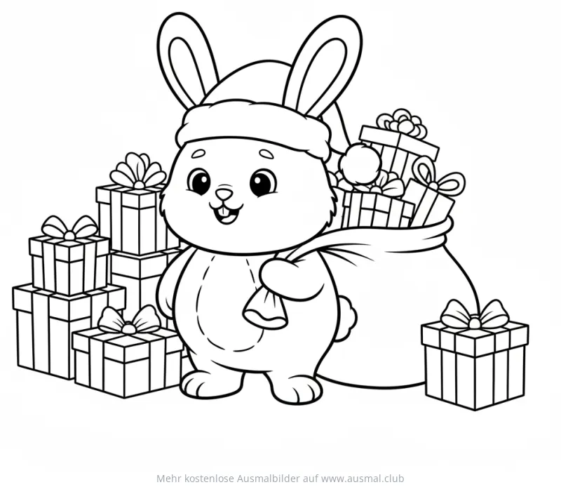 Weihnachtshase mit Geschenkesack und Stapel Geschenke Ausmalbild