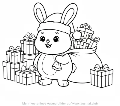 Weihnachtshase mit Geschenkesack und Stapel Geschenke Ausmalbild