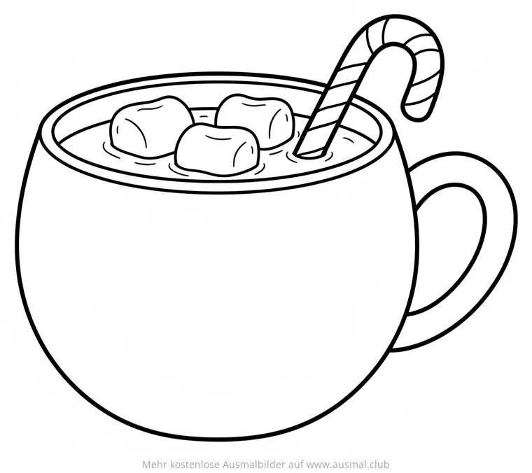 Tasse Kakao mit Marshmallows und Zuckerstange Ausmalbild