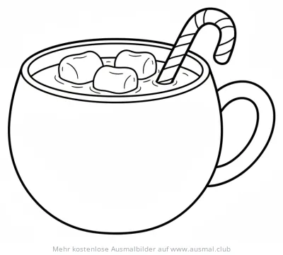 Tasse Kakao mit Marshmallows und Zuckerstange Ausmalbild