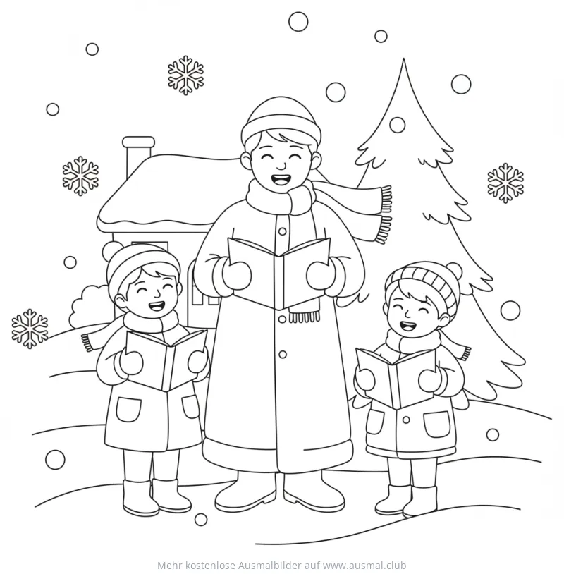 Weihnachtssänger mit Kindern vor verschneitem Haus Ausmalbild