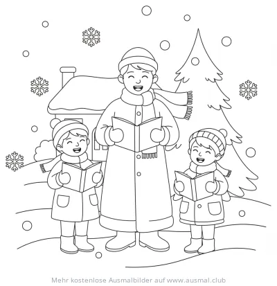 Weihnachtssänger mit Kindern vor verschneitem Haus Ausmalbild