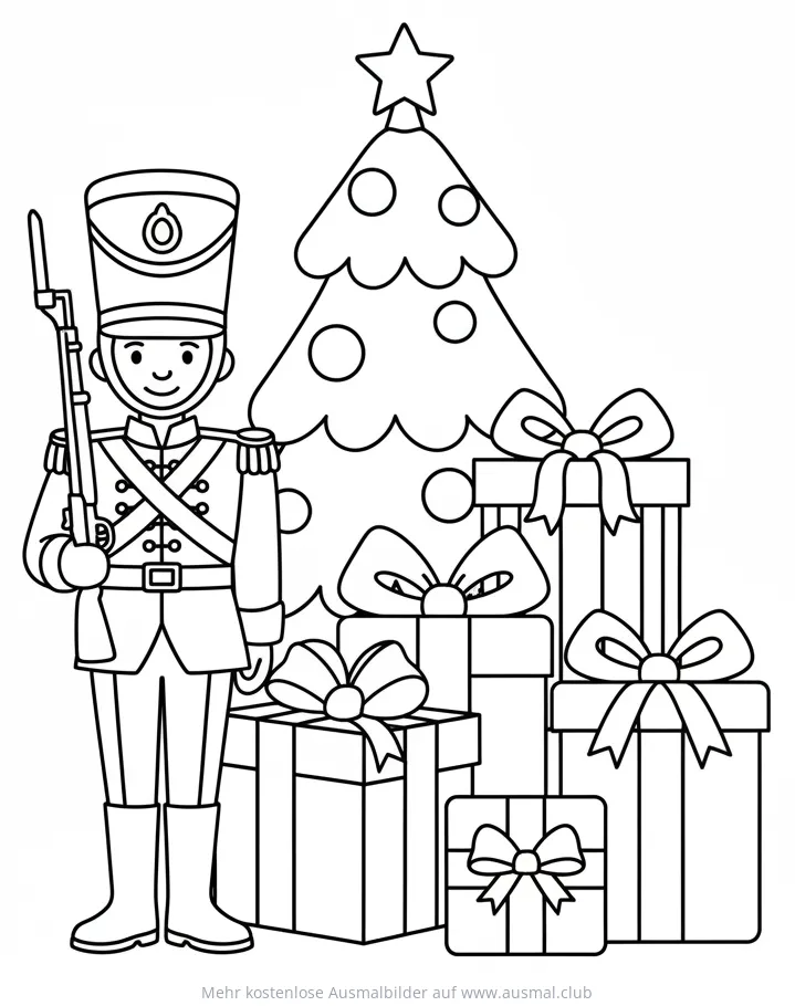 Soldat mit Weihnachtsbaum und Geschenken Ausmalbild