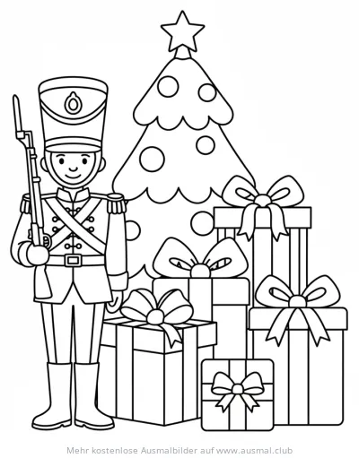 Soldat mit Weihnachtsbaum und Geschenken Ausmalbild