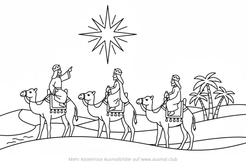 Heilige Drei Könige reiten auf Kamelen Ausmalbild