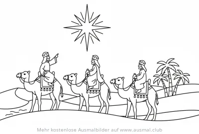 Heilige Drei Könige reiten auf Kamelen Ausmalbild