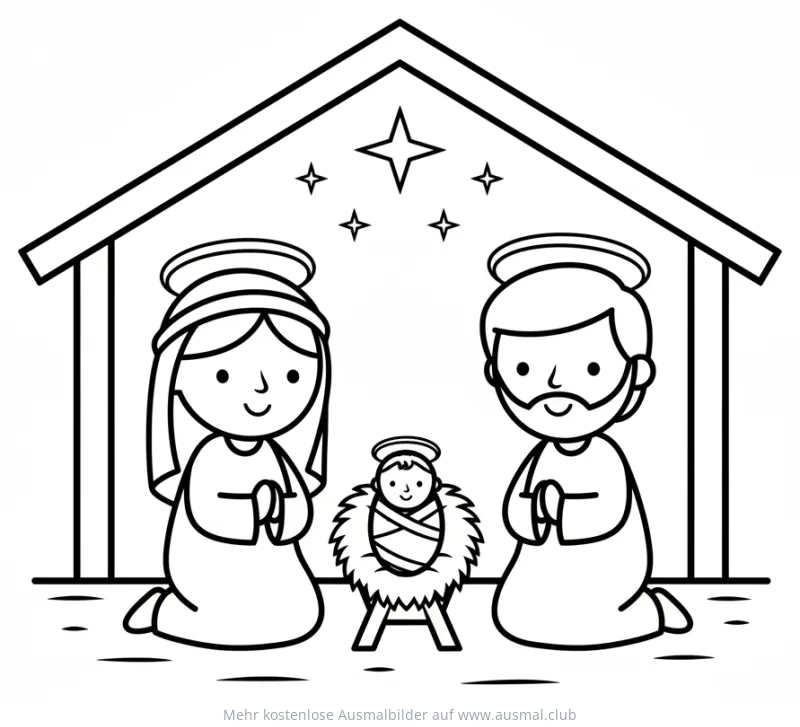 Krippe mit Maria, Josef und Jesuskind Ausmalbild